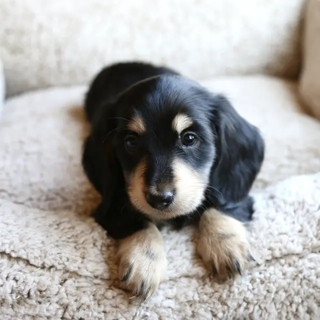 Ansel, Black & Cream male mini dachshund puppy (photo at 5 weeks, 6 days)