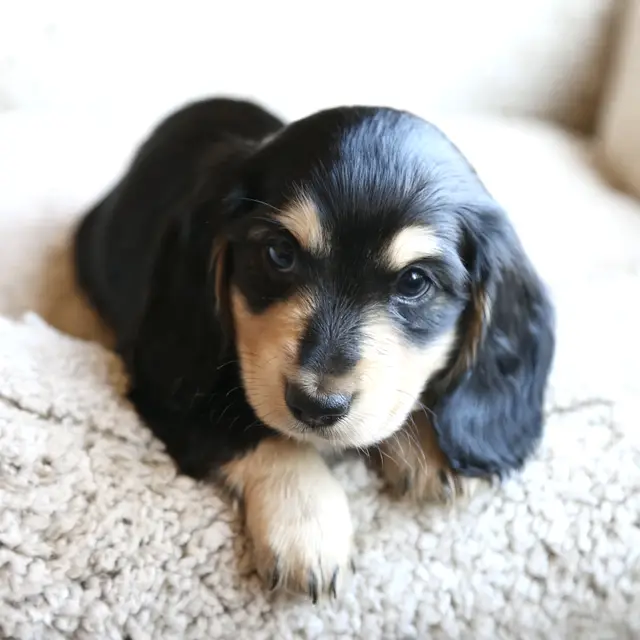 Arlo, Black & Cream male mini dachshund puppy (photo at 5 weeks, 6 days)