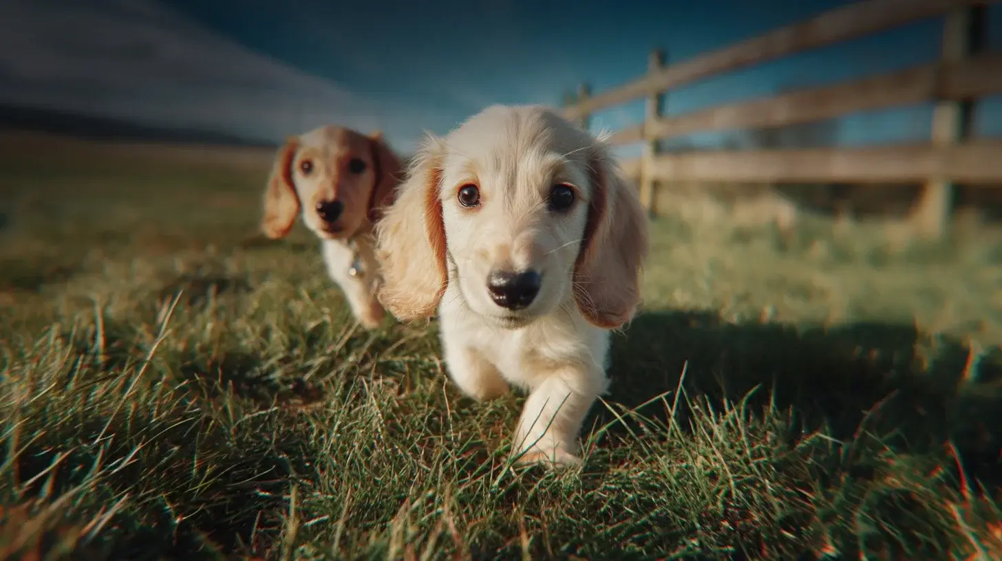 Two cream dachshund puppies running through the grass